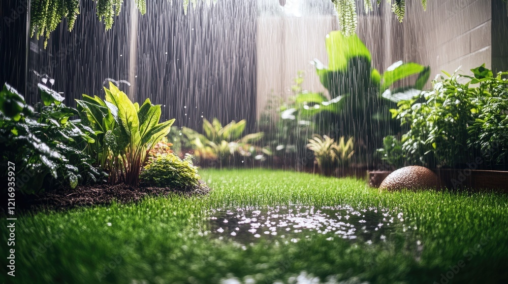Obraz premium Rain showering lush garden, plants thriving, tranquil backyard scene, ideal for home decor