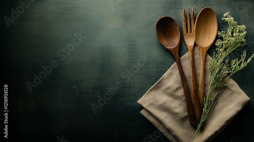 Elegant wooden cutlery and herbs arranged on a dark fabric, perfect for culinary themes and kitchen designs. photo