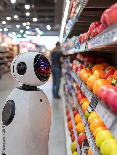 A robot stands in a grocery store aisle, observing colorful fruits on the shelves while a shopper browses in the background.