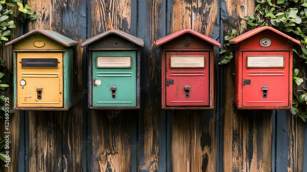 Four colorful mailboxes in a row against a wooden wall, surrounded by green vines, creating a charming and rustic aesthetic. Four colorful mailboxes in a row against a wooden wall, surrounded by green vines, creating a charming and rustic aesthetic.
