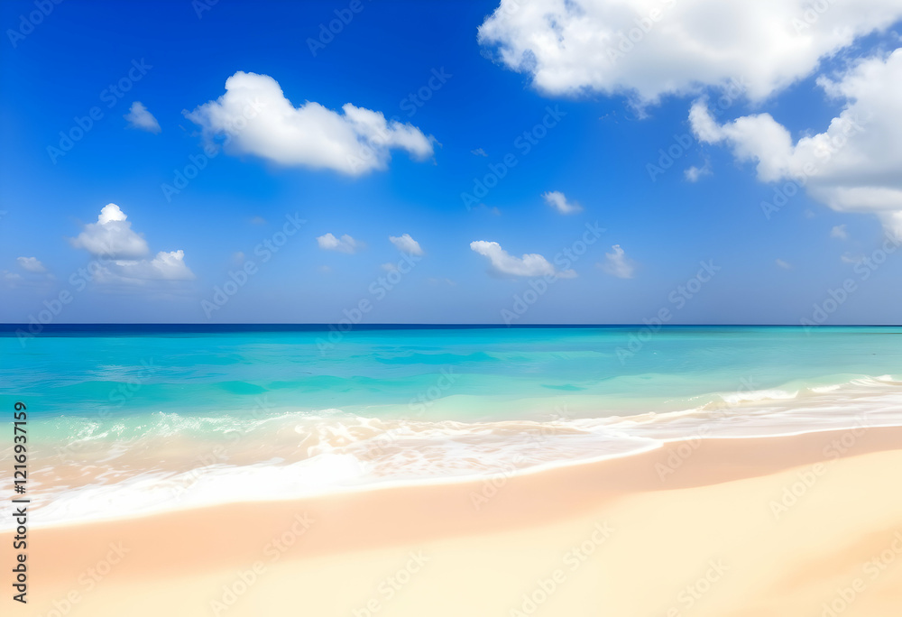 Fototapeta premium Tropical paradise, pristine white sandy beach, crystal clear turquoise ocean, gentle waves, clear blue sky, fluffy white clouds, sunny day, tranquil seascape, serene coastline, idyllic vacation spot, 
