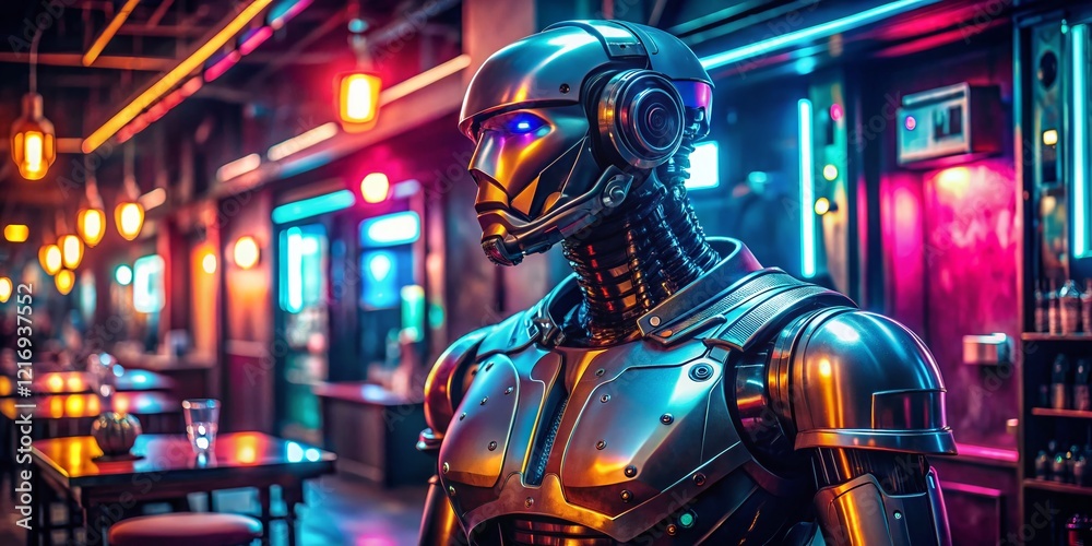 Futuristic Robot Security Guard Patrolling Cyberpunk Pub - Enhanced Safety & Atmosphere Futuristic Robot Security Guard Patrolling Cyberpunk Pub - Enhanced Safety & Atmosphere