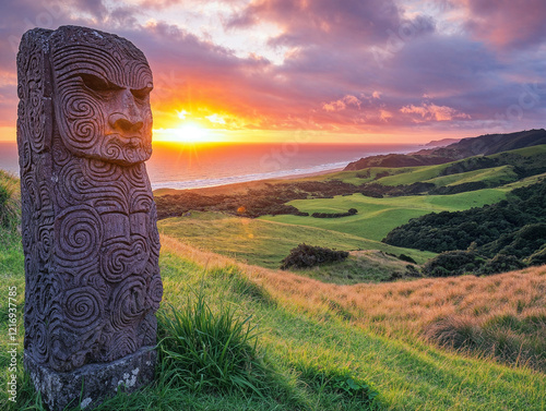 Maori Carving at Sunset Over Rolling Green Hills and Ocean photo