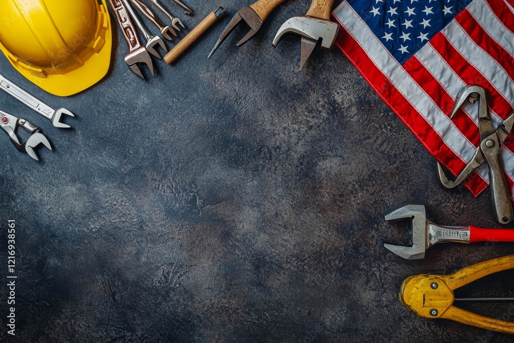 Happy Labor day concept. American flag with different construction tools on dark stone background. Happy Labor day concept. American flag with different construction tools on dark stone background.