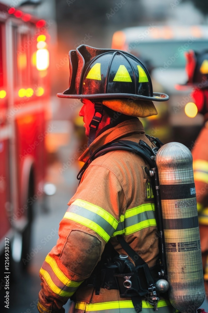 Obraz premium A firefighter stands next to a fire hydrant in front of a fire truck