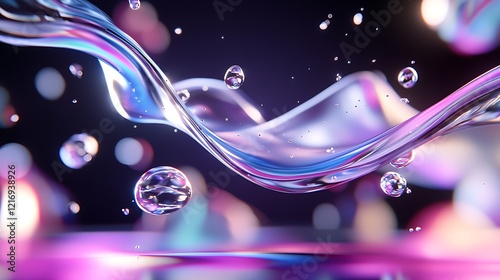 Abstract Iridescent Liquid Wave with Glowing Drops