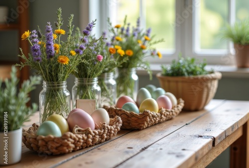 Easter decor. Colorful Easter eggs in wicker basket with flowers in jars on wooden table.