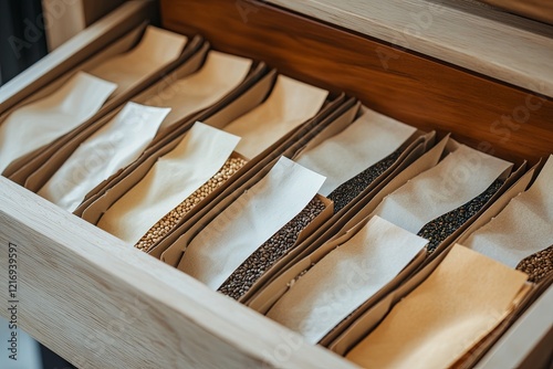 A minimalist seed library drawer with small envelopes of heirloom seeds picture photo