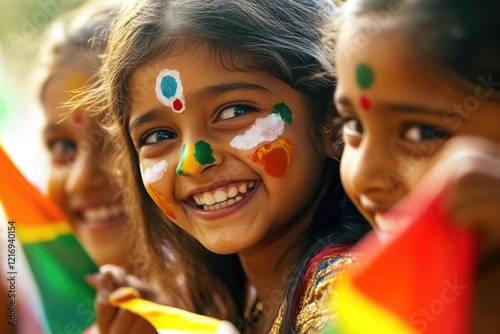 Group of young girls with colorful face paint and playful expressions, great for party or festival themes photo