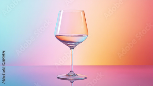 Transparent glass with water on pastel gradient background cinematic view. photo