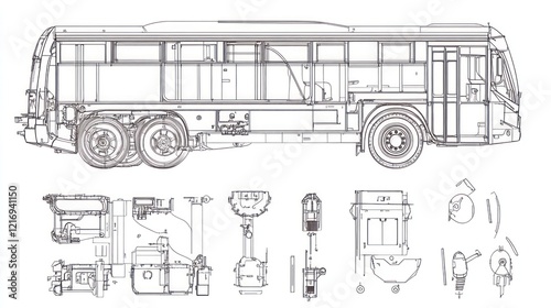 Technical drawing of a bus with detailed components and layout.