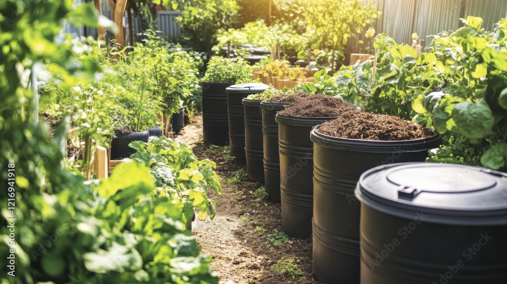 Lush Organic Vegetable Garden with Raised Planters and Soil-filled Containers Beside Pathway Bathed in Warm Sunlight for Sustainable Gardening Inspiration Lush Organic Vegetable Garden with Raised Planters and Soil-filled Containers Beside Pathway Bathed in Warm Sunlight for Sustainable Gardening Inspiration
