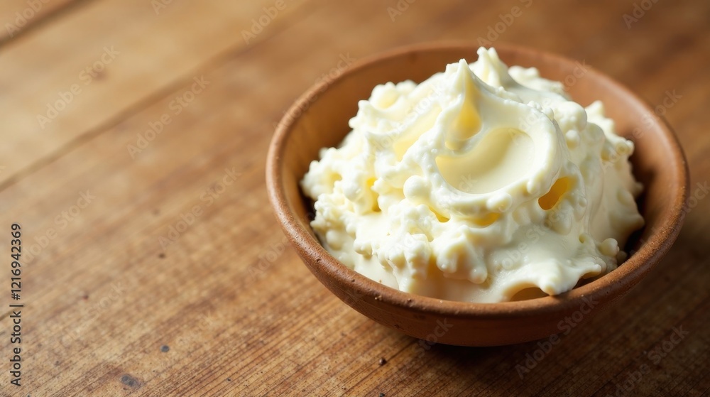 Creamy, Delicate Dairy Spread in Rustic Bowl on Wooden Surface Creamy, Delicate Dairy Spread in Rustic Bowl on Wooden Surface