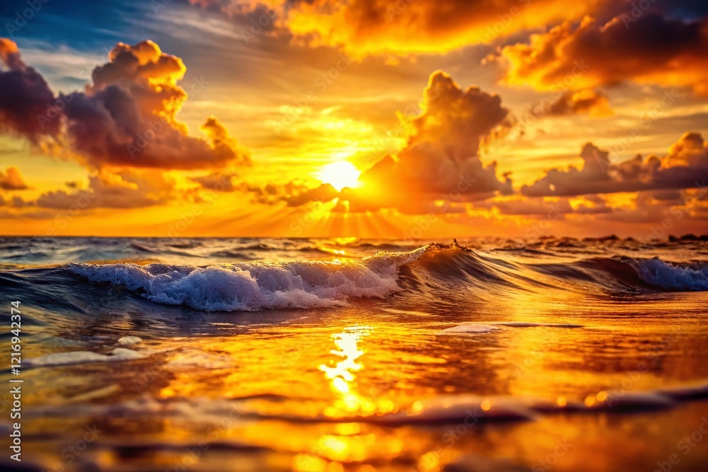 Fototapeta premium Golden Hour Sunset: Double Exposure of Ocean Waves and Sky