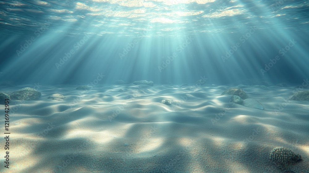 Serene underwater seascape: soft sandy ocean floor extending to a hazy distant horizon Serene underwater seascape: soft sandy ocean floor extending to a hazy distant horizon