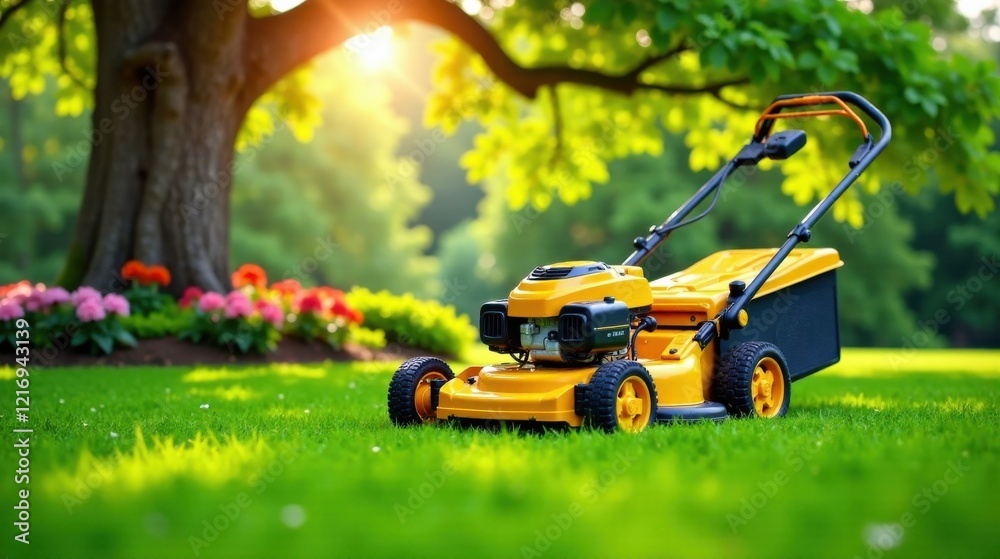 A vibrant yellow lawnmower sits amidst a lush green lawn, bathed in the warm glow of the setting sun, near a large tree and colorful flowers, symbolizing the beauty of a well-maintained garden. A vibrant yellow lawnmower sits amidst a lush green lawn, bathed in the warm glow of the setting sun, near a large tree and colorful flowers, symbolizing the beauty of a well-maintained garden.