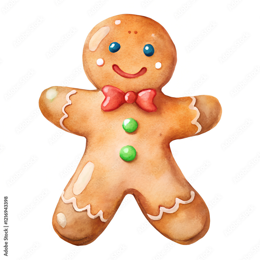 Obraz premium Watercolor Gingerbread Man Illustration with Red Bow Tie and Green Buttons