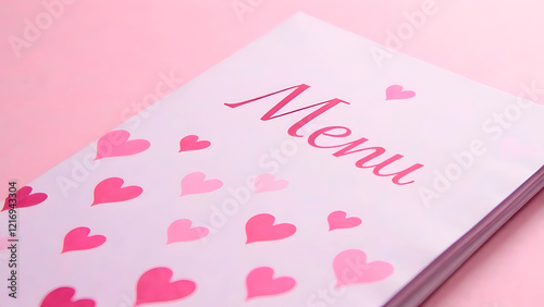 Charming and elegant menu cover with pink hearts, perfect for themed restaurants, Valentine's Day promotions, and love-inspired dining experiences. Selective focus
