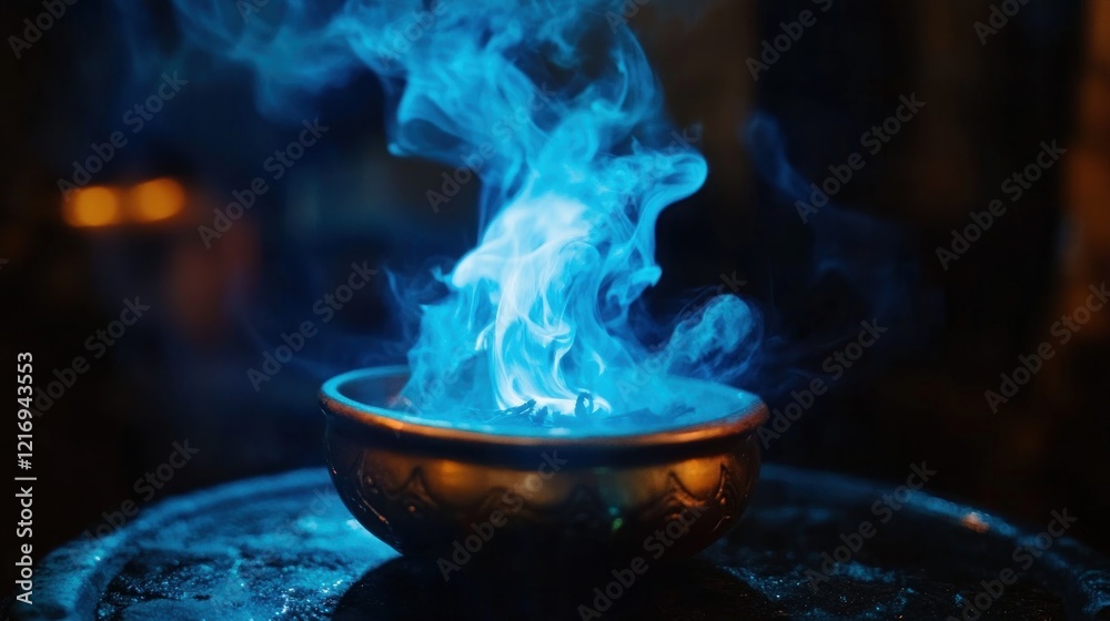 A glowing bowl emits blue smoke, creating a mystical atmosphere. A glowing bowl emits blue smoke, creating a mystical atmosphere.