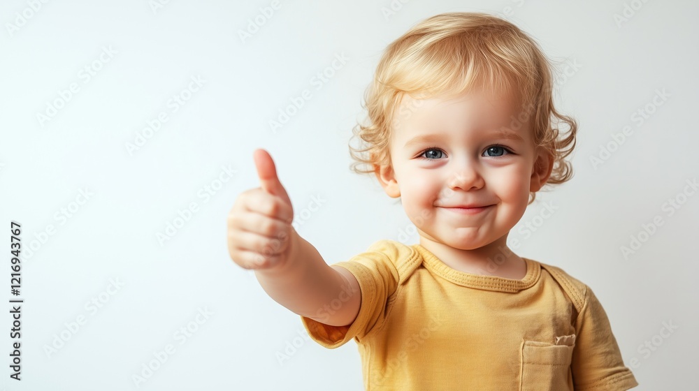 Happy toddler child giving thumbs up gesture, positive feedback on white background, studio shot Happy toddler child giving thumbs up gesture, positive feedback on white background, studio shot