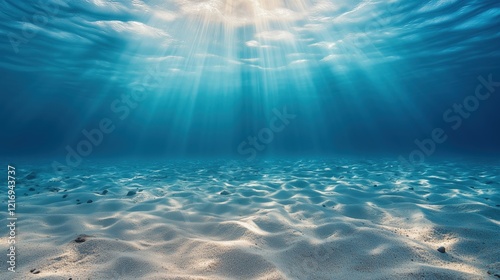 Serene underwater seascape: soft sandy ocean floor extending to a hazy distant horizon