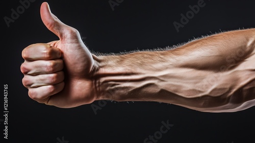 Strong muscular male forearm thumbs up gesture, powerful forearm, fitness and strength concept
