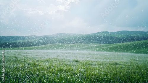 Rain falling gently over a countryside field with rolling hills