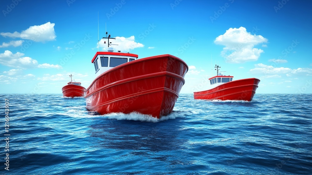 Fototapeta premium Three vibrant red fishing boats navigate the open ocean under a bright blue sky