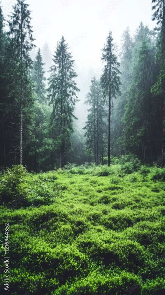 Fototapeta premium A serene Scandinavian forest scene with tall trees and lush green moss, creating a tranquil and misty atmosphere.