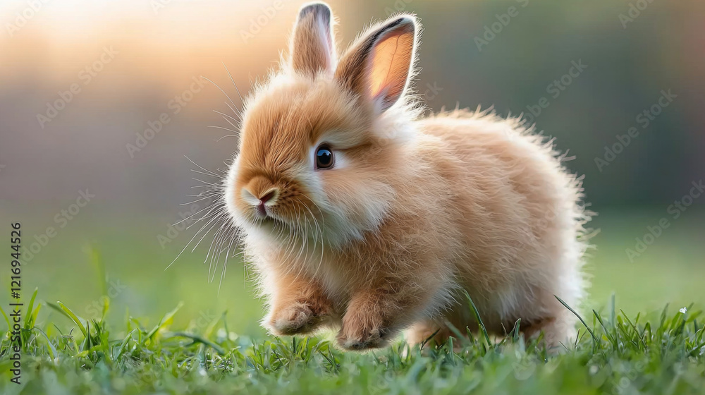 Cute fluffy bunny hopping across green grass at sunset in a peaceful meadow Cute fluffy bunny hopping across green grass at sunset in a peaceful meadow