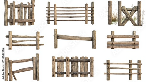 Set of rustic wooden fences isolated on a white background photo