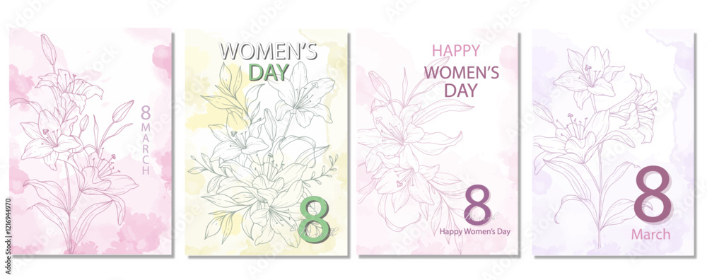 Womens Day Poster. Set of Floral Posters for 8th March. Flower design Womens Day Greeting Cards. Women Day background Templates with Floral Line Art. Womens Day Poster. Set of Floral Posters for 8th March. Flower design Womens Day Greeting Cards. Women Day background Templates with Floral Line Art.