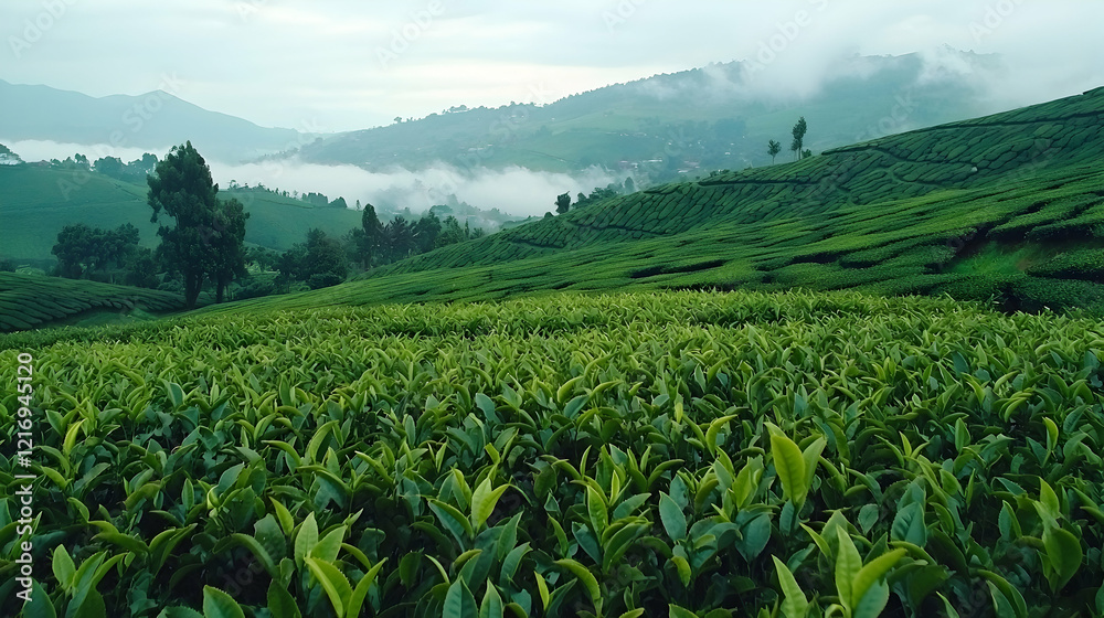 Fototapeta premium Vast tea fields stretching across rolling hills under a misty sky