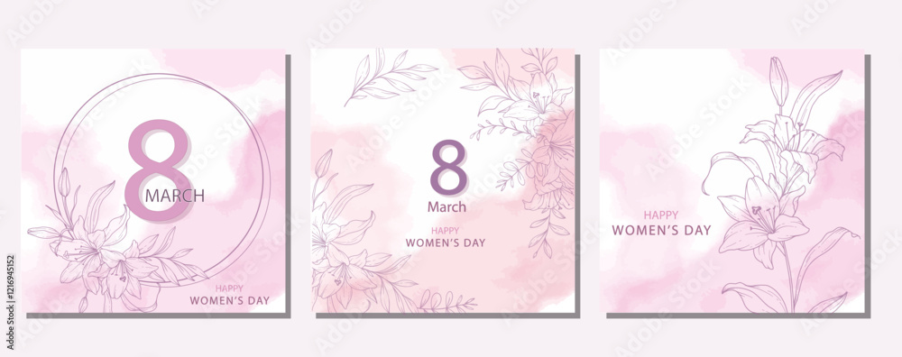 Womens Day Poster. Set of Floral Posters for 8th March. Flower design Womens Day Greeting Cards. Women Day background Templates with Floral Line Art.