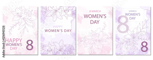 Womens Day Poster. Set of Floral Posters for 8th March. Flower design Womens Day Greeting Cards. Women Day background Templates with Floral Line Art.