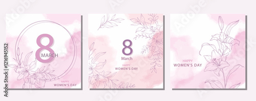Womens Day Poster. Set of Floral Posters for 8th March. Flower design Womens Day Greeting Cards. Women Day background Templates with Floral Line Art.