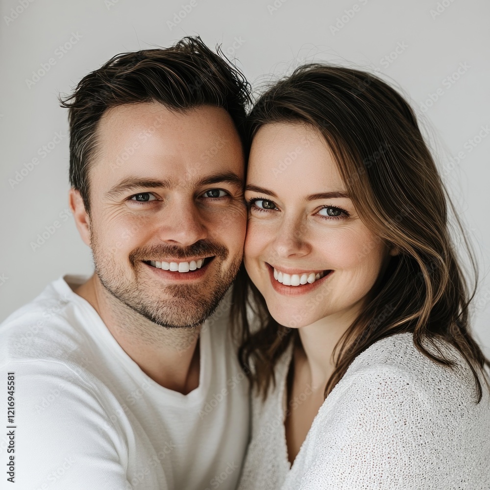 Joyful Couple Posing Closely Together with Bright Smiles and Happy Expressions in a Light and Warm Atmosphere Joyful Couple Posing Closely Together with Bright Smiles and Happy Expressions in a Light and Warm Atmosphere