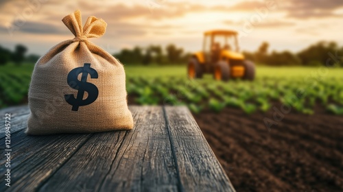 Securing farmland: a sturdy wooden table displays a large money bag with dollar sign against a lush green field and distant tractor photo