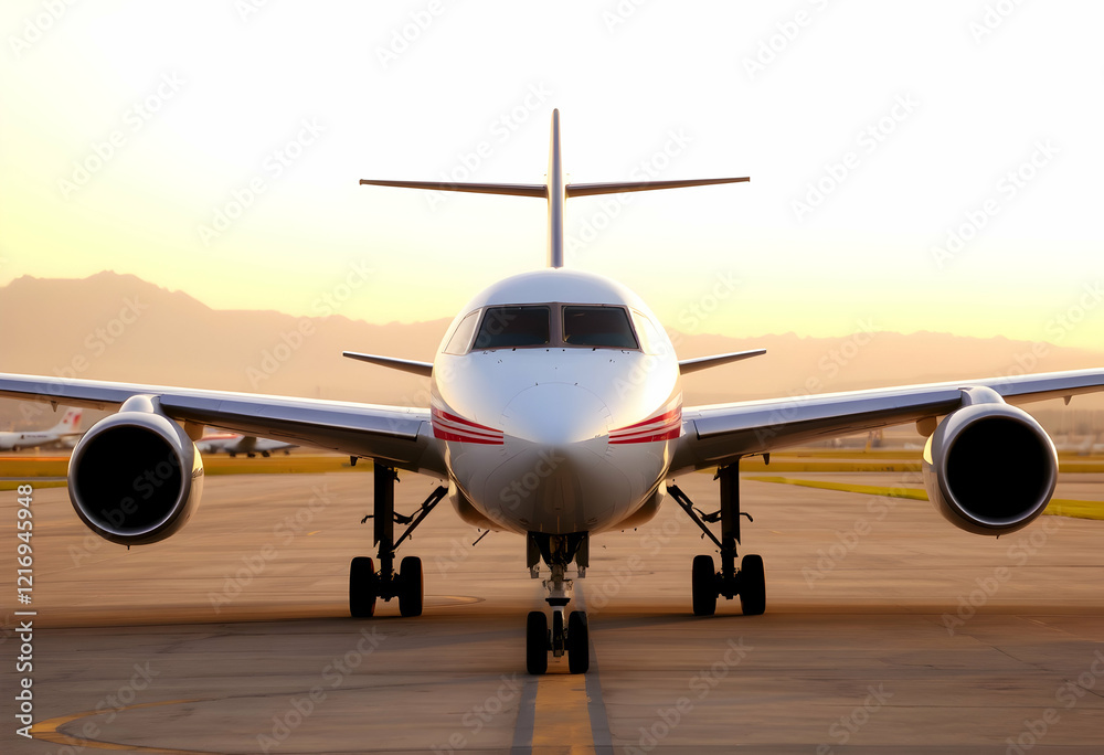 Naklejka premium Commercial airliner on tarmac, sunset sky, golden hour, front view of aircraft, vibrant orange horizon, silhouetted mountains, dramatic lighting, high contrast, wide-angle shot, airport runway, aviati