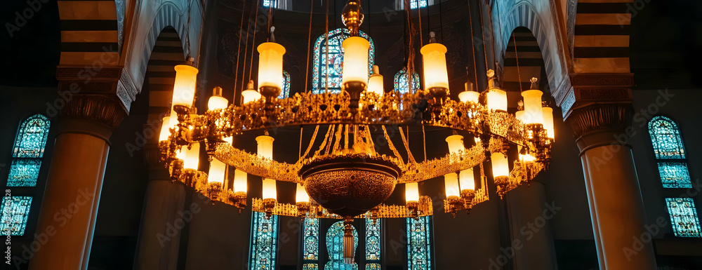 Obraz premium Church Chandelier Lit Stained Glass