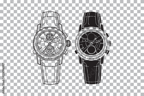 A detailed line drawing of a classic wristwatch isolated on transparent background 