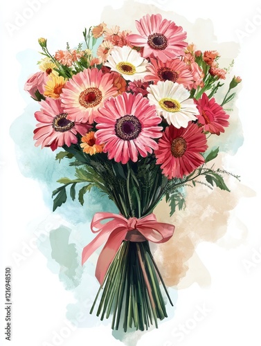 Colorful Floral Bouquet with Pink Ribbon
