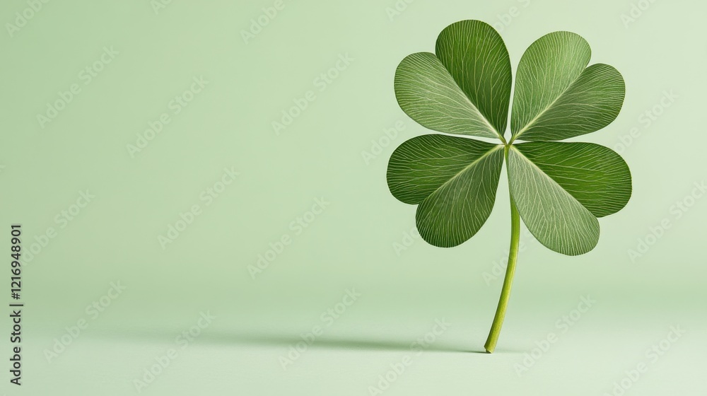 A detailed and vibrant four-leaf clover isolated on a light green background, symbolizing luck and nature. A detailed and vibrant four-leaf clover isolated on a light green background, symbolizing luck and nature.