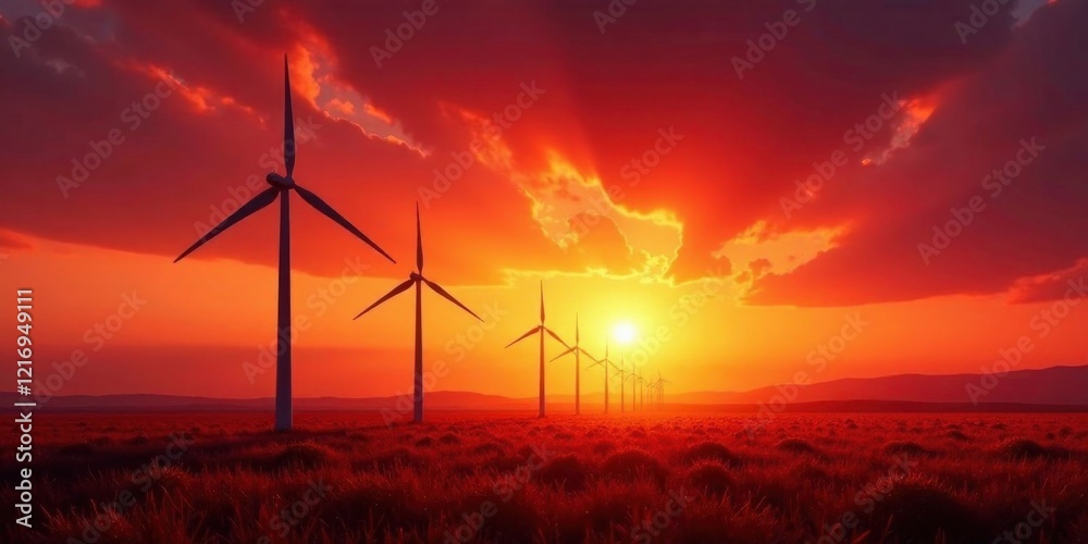 Fiery Sunset Illuminates a Line of Wind Turbines in a Vast Grassland, Symbolizing Sustainable Energy and a Harmonious Blend of Nature and Technology Fiery Sunset Illuminates a Line of Wind Turbines in a Vast Grassland, Symbolizing Sustainable Energy and a Harmonious Blend of Nature and Technology