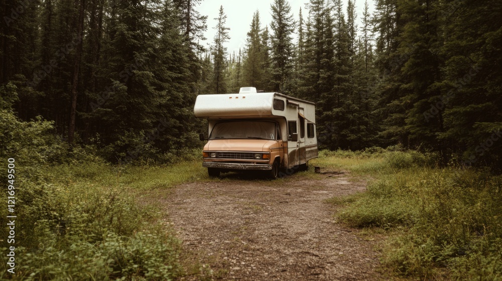 Old RV parked in a serene forest clearing surrounded by tall trees and lush greenery