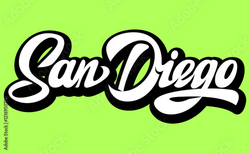 Modern San Diego typography with a green background.