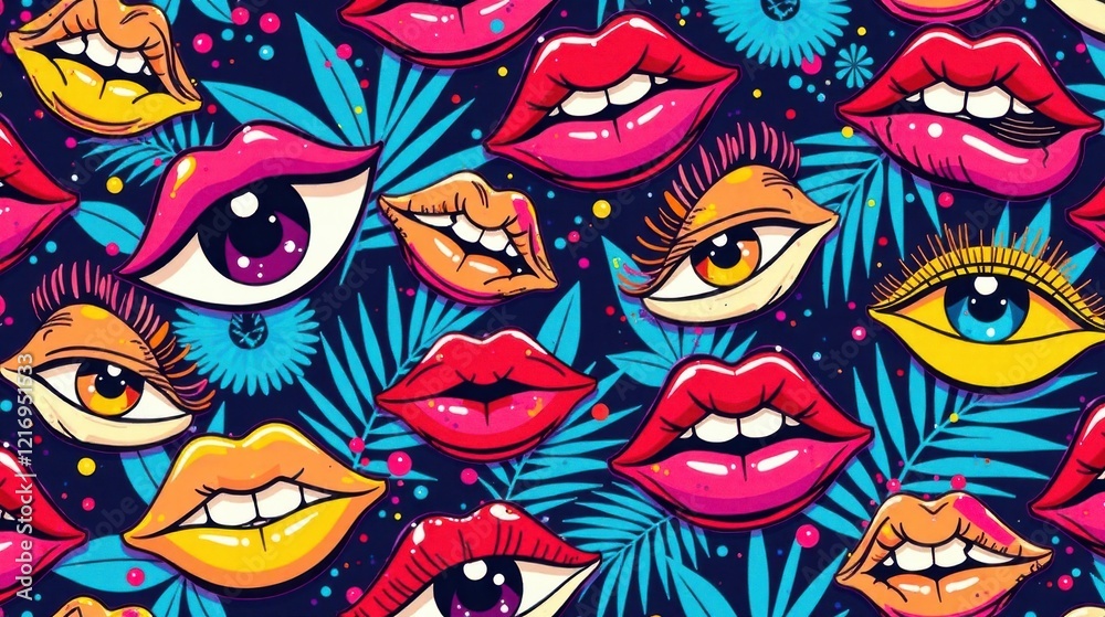 Vibrant Eyes and Lips Seamless Pattern A Bold, Colorful Tropical Design Featuring Expressive Eyes and Lush Lips Against a Dark Background with Tropical Foliage Vibrant Eyes and Lips Seamless Pattern A Bold, Colorful Tropical Design Featuring Expressive Eyes and Lush Lips Against a Dark Background with Tropical Foliage