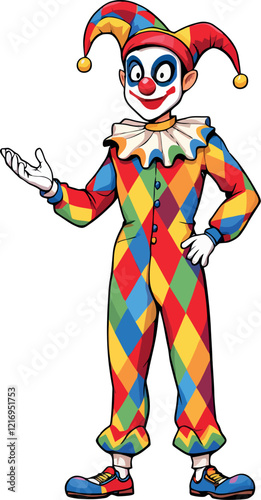 Cartoon joker character showing something with open hand palm