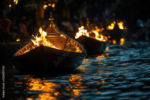 A group of boats moored together in still water, possibly for maintenance or repair photo