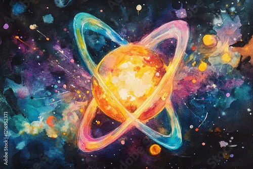 Watercolor of a glowing atom surrounded by energy rings in a colorful cosmic background